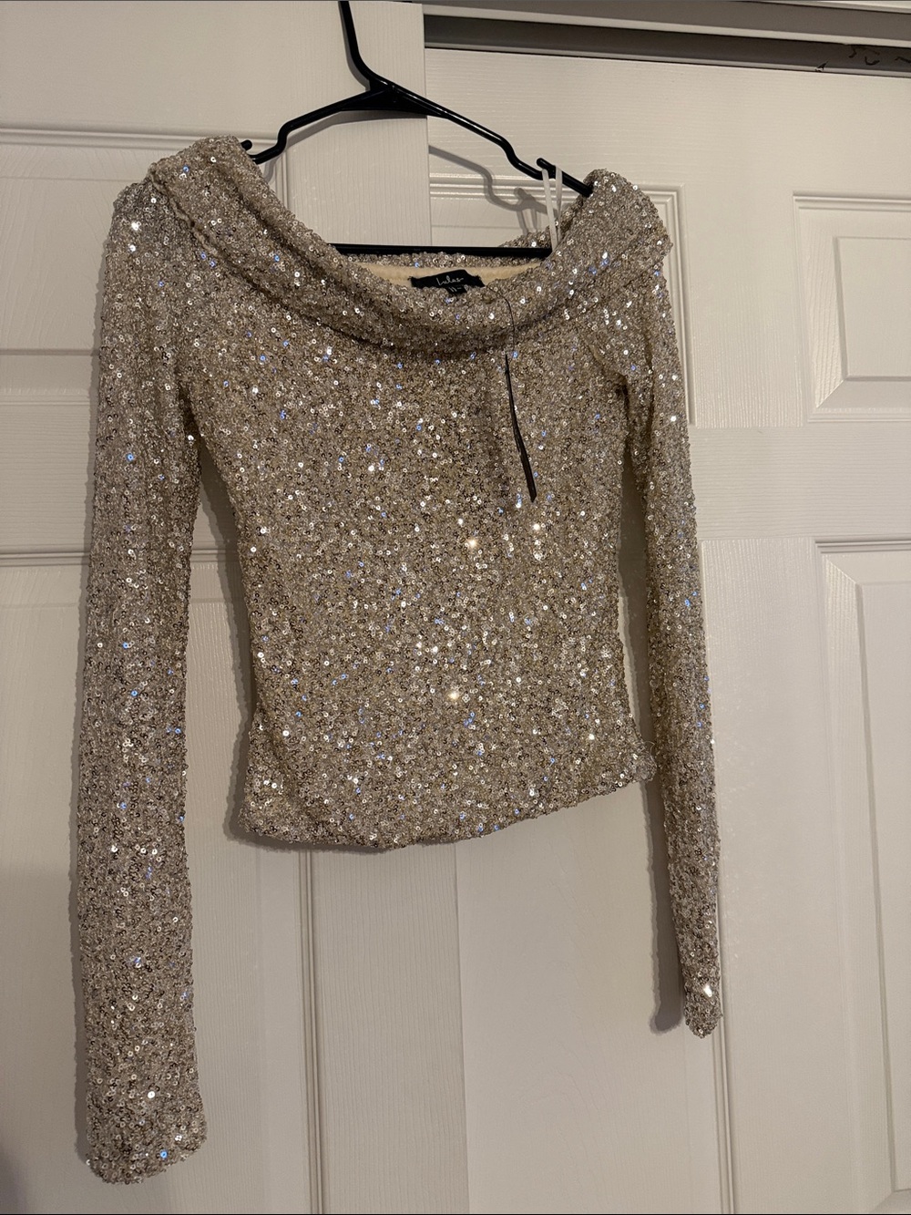 Lulu's Champagne Sequin Off-the-Shoulder Sweater